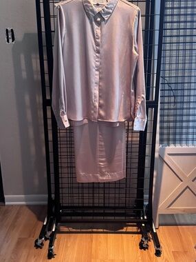 Target Light Pink Satin Button-Up Blouse and flowing pants.